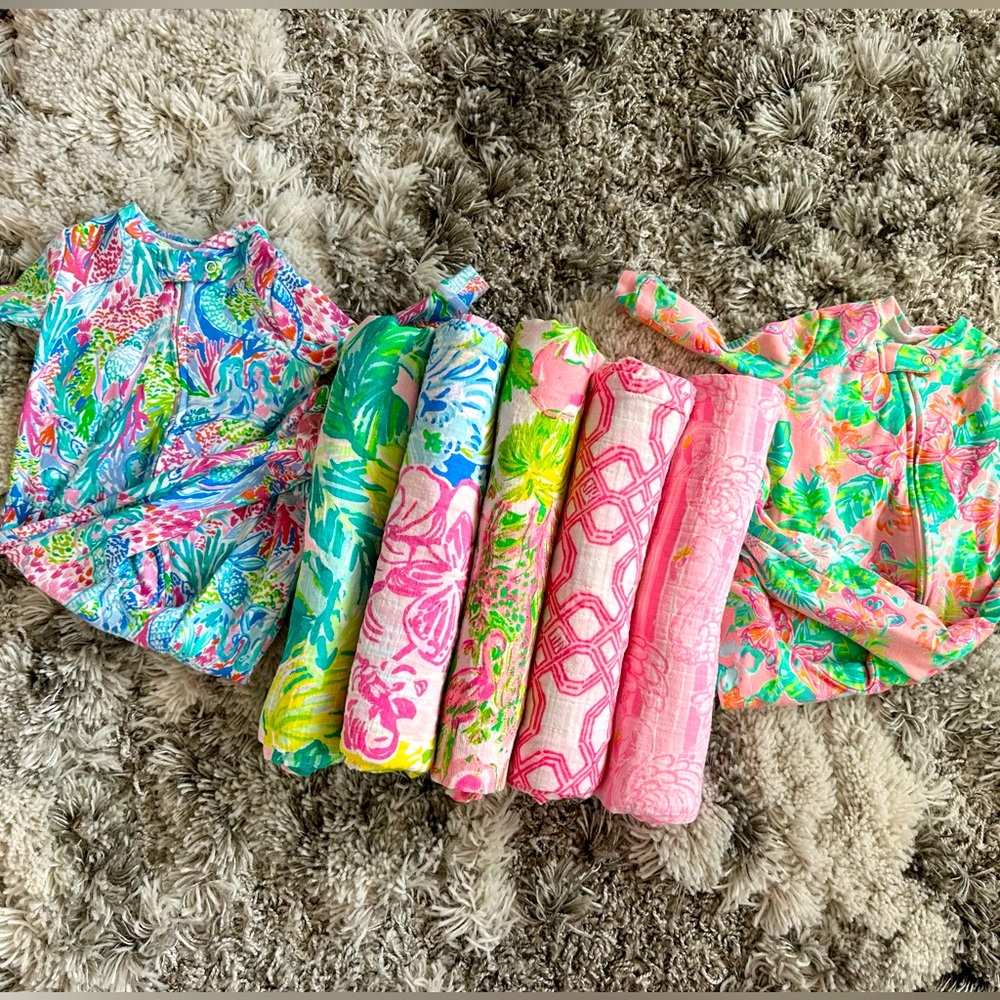 Lilly Pulitzer Baby lot! 5 Swaddle Blankets & 2 Onesies sz 3-6 Months SOLD OUT!